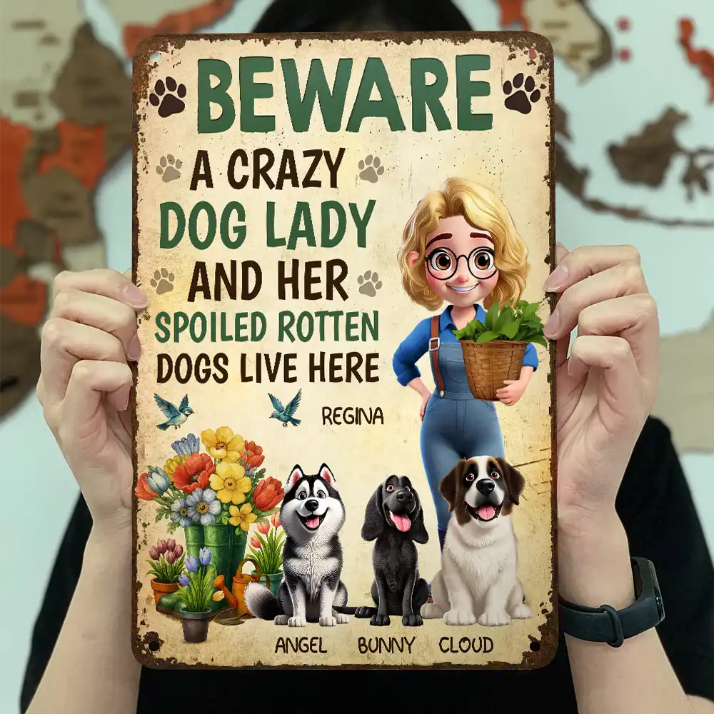A Crazy Dog Lady And Her Dogs Live Here - Personalized Classic Metal Signs - Image 3