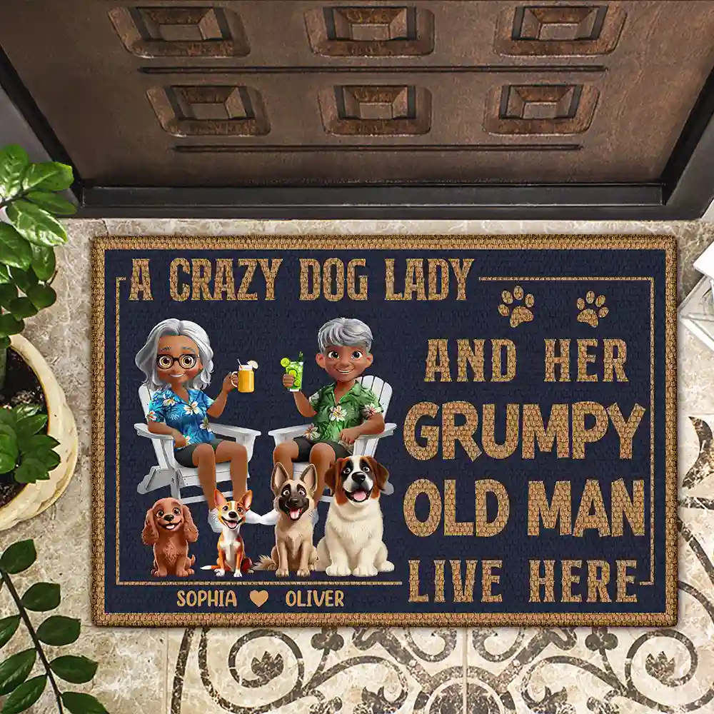 A Crazy Dog Lady And Her Grumpy Old Man Live Here Funny Decor - Personalized Doormat - Image 2