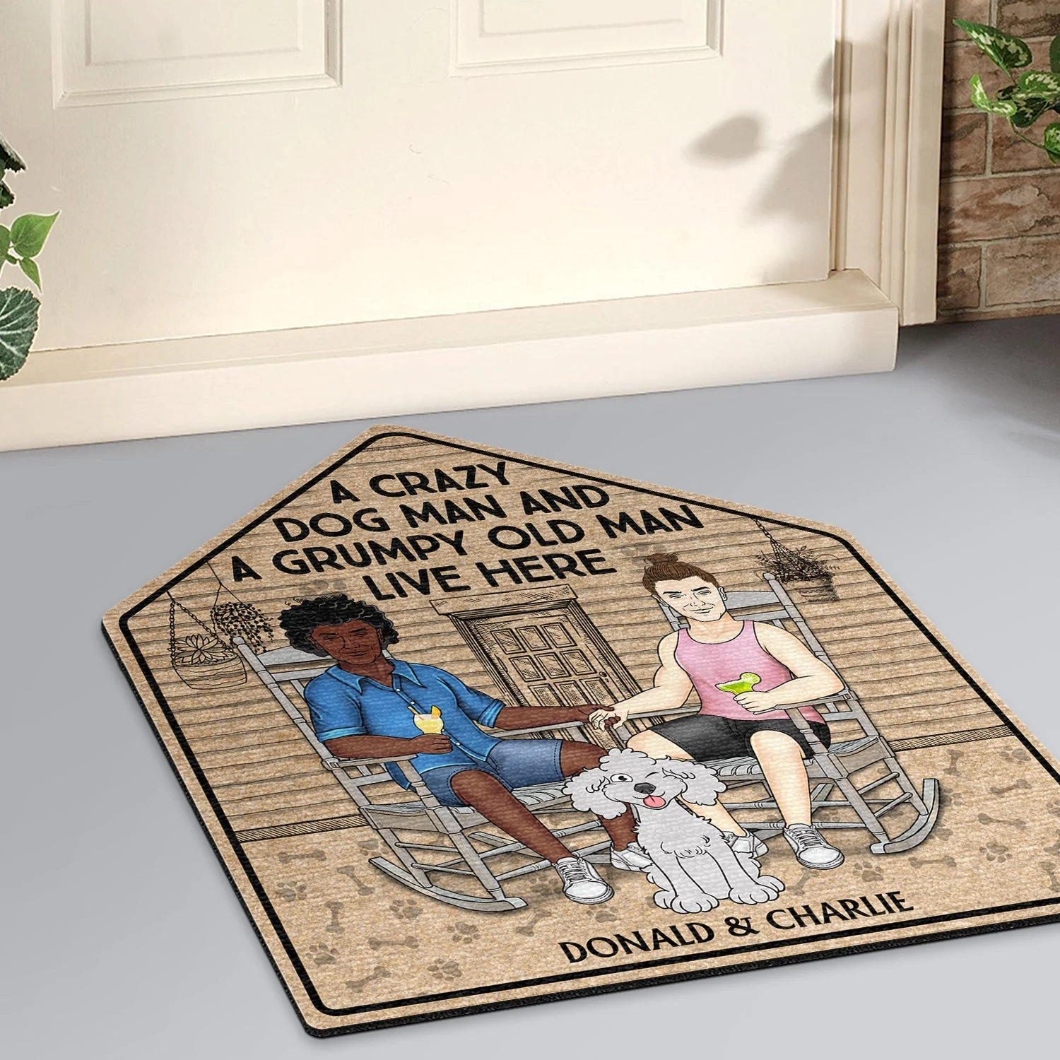A Crazy Dog Lady And Her Grumpy Old Man Live Here - Gift For Couples, Pet Lovers And Family - Personalized Custom Shaped Doormat - Image 2