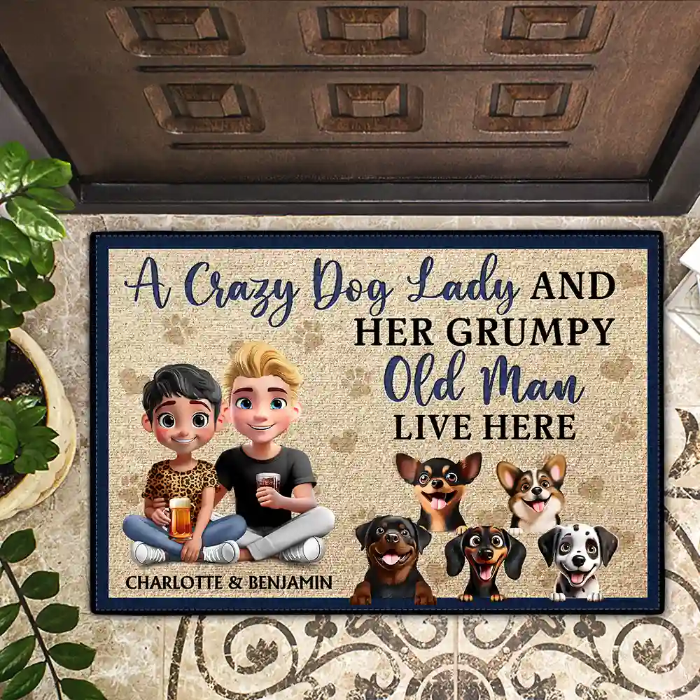 A Crazy Dog Lady And Her Grumpy Old Man Live Here New Version - Personalized Doormat - Image 2