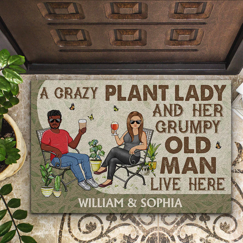A Crazy Plant Lady And Her Grumpy Old Man Live Here - Gift For Gardening Lovers - Personalized Custom Doormat - Image 2