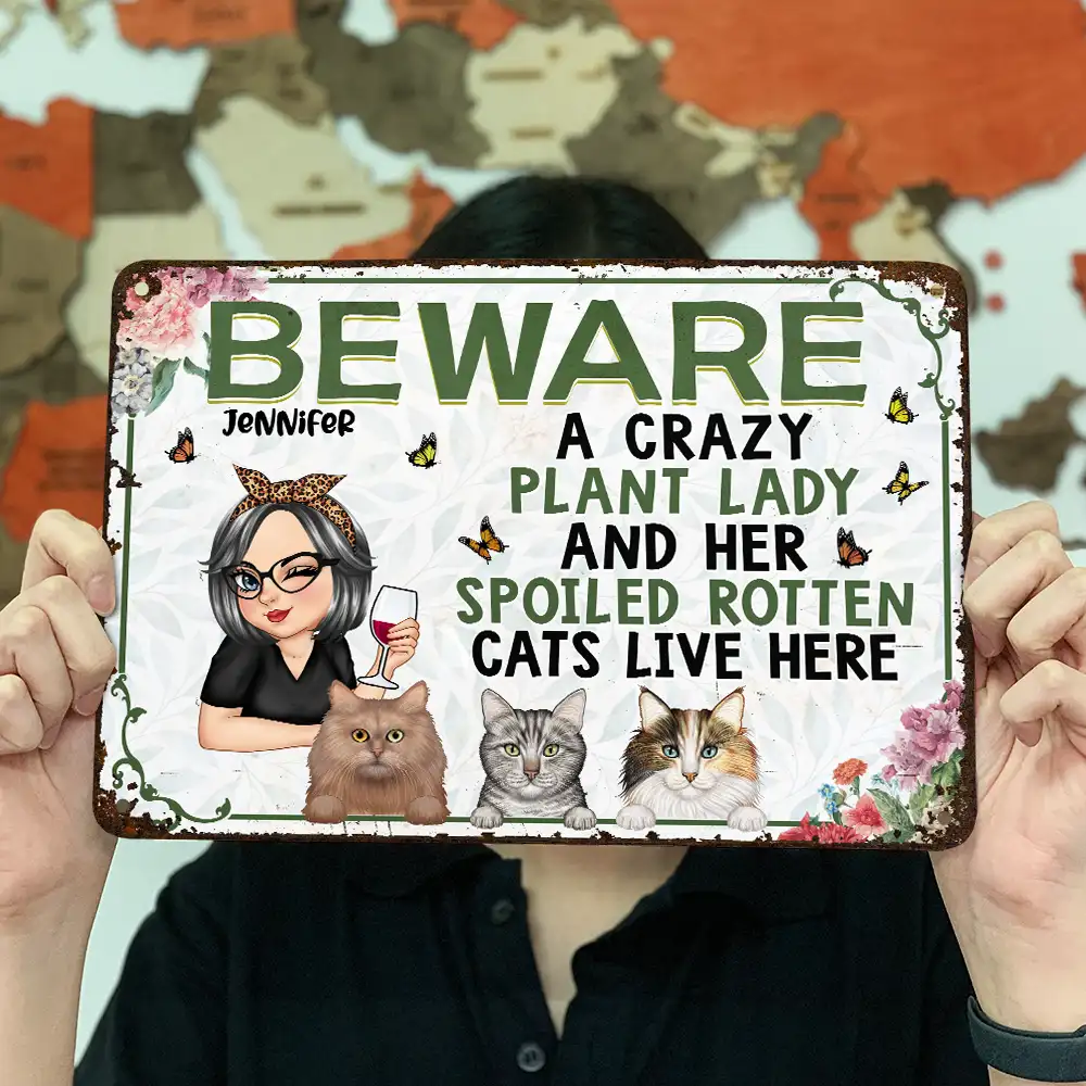 A Crazy Plant Lady & Her Spoiled Rotten Cats Live Here - Personalized Classic Metal Signs - Image 3