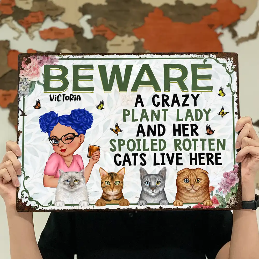 A Crazy Plant Lady & Her Spoiled Rotten Cats Live Here - Personalized Classic Metal Signs - Image 4