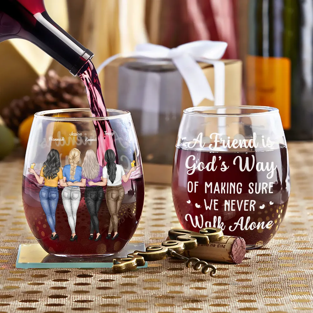 A Friend Is God's Way Of Making Sure We Never Walk Alone - Personalized Stemless Wine Glass - Image 4