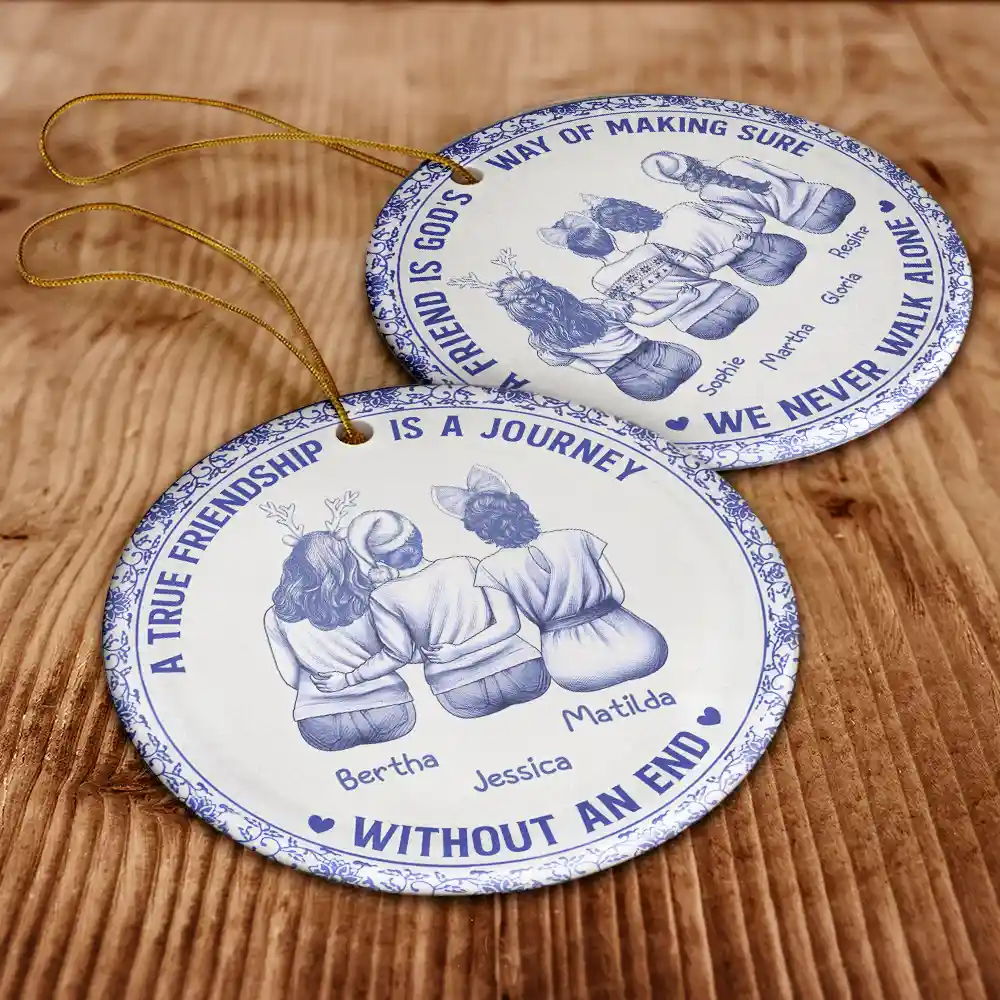 A Friend Is God's Way Toile Besties - Personalized Circle Ceramic Ornament - Image 6