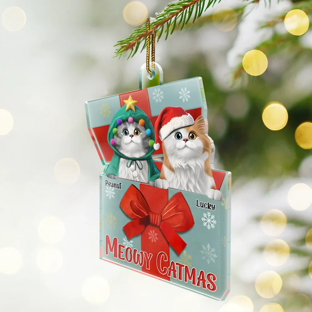 A Gift Box Of Cat 3D Effect Cats Meowy Catmas - Personalized Custom Shaped Acrylic Ornament - Image 2