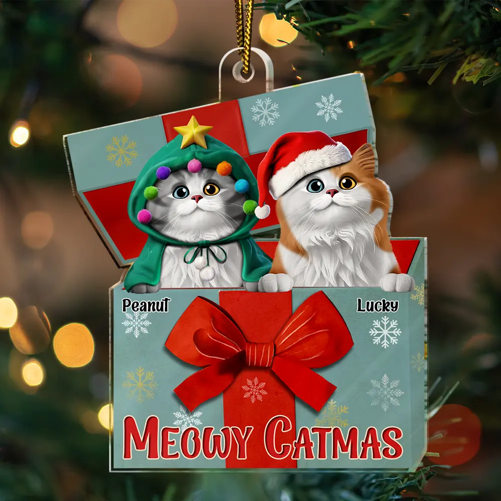 A Gift Box Of Cat 3D Effect Cats Meowy Catmas - Personalized Custom Shaped Acrylic Ornament - Image 3