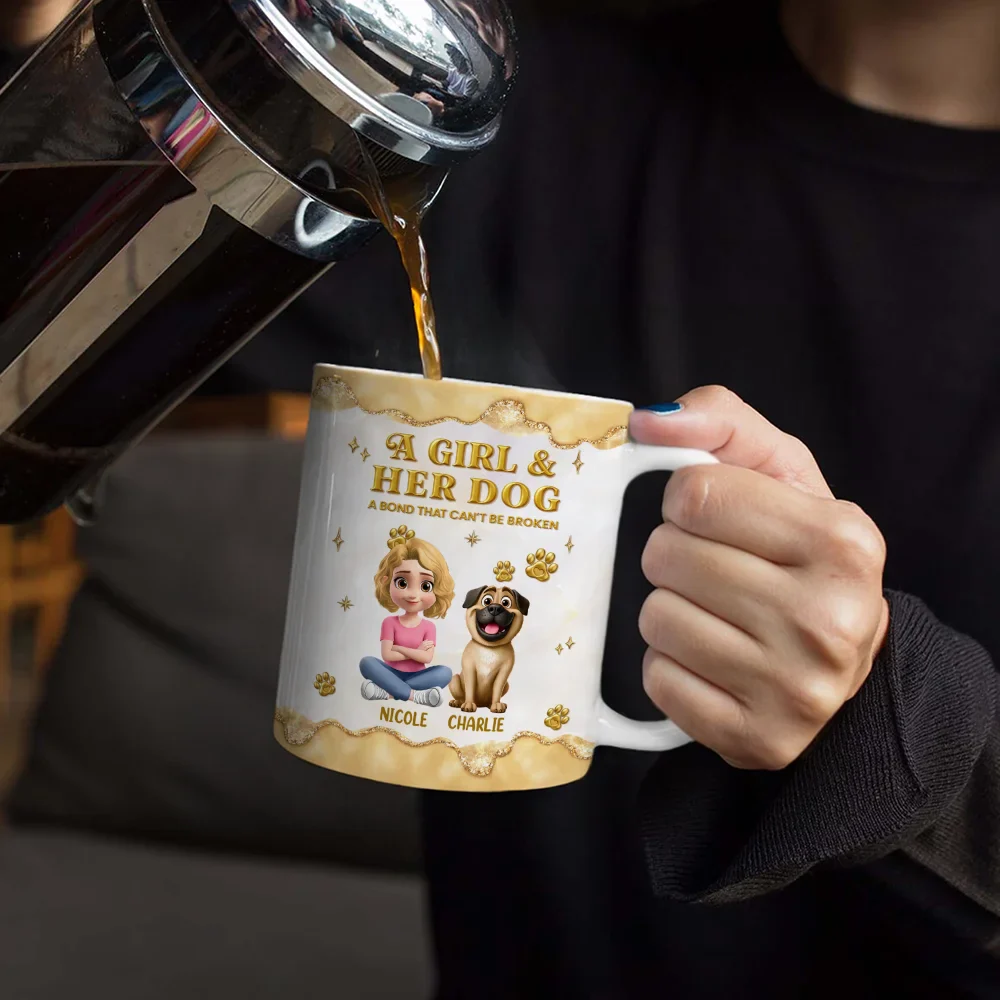 A Girl And Her Dog A Bond Can't Be Broken Gold Effect - Personalized White Edge-to-Edge Mug - Image 4
