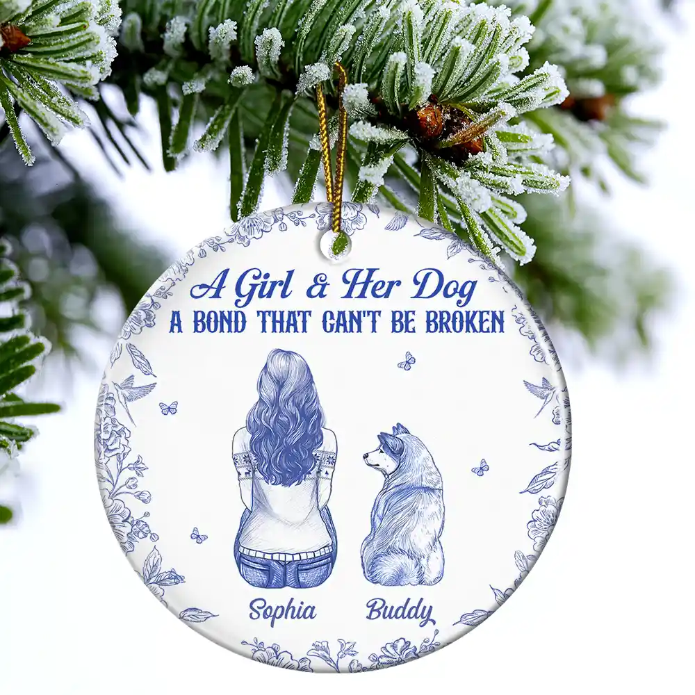 A Girl And Her Dog A Bond That Can't Be Broken - Personalized Circle Ceramic Ornament - Image 4