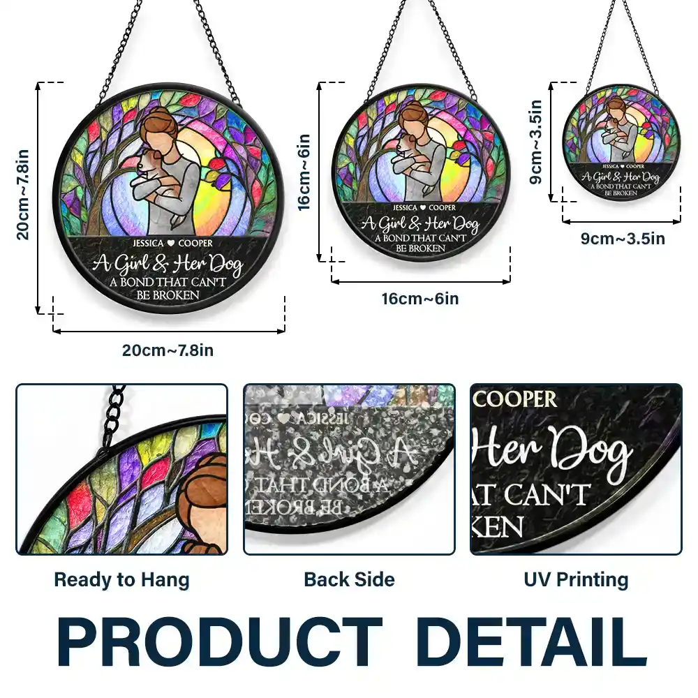 A Girl And Her Dog A Bond That Can't Be Broken Woman Man Hug Pet - Personalized Stained Glass Window Hanging Suncatcher - Image 3