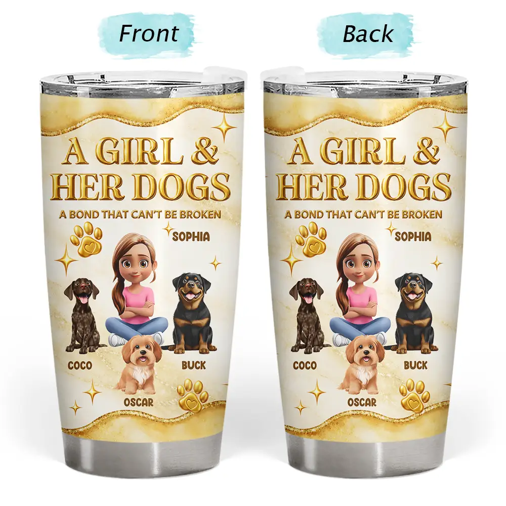 A Girl And Her Dogs 3D Golden Effect - Personalized Tumbler - Image 3