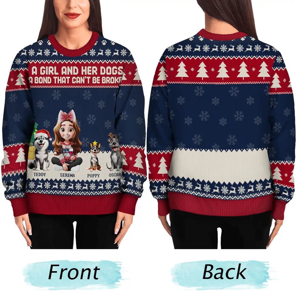 A Girl And Her Dogs A Bond That Can't Be Broken - Personalized Unisex Ugly Sweater - Image 5