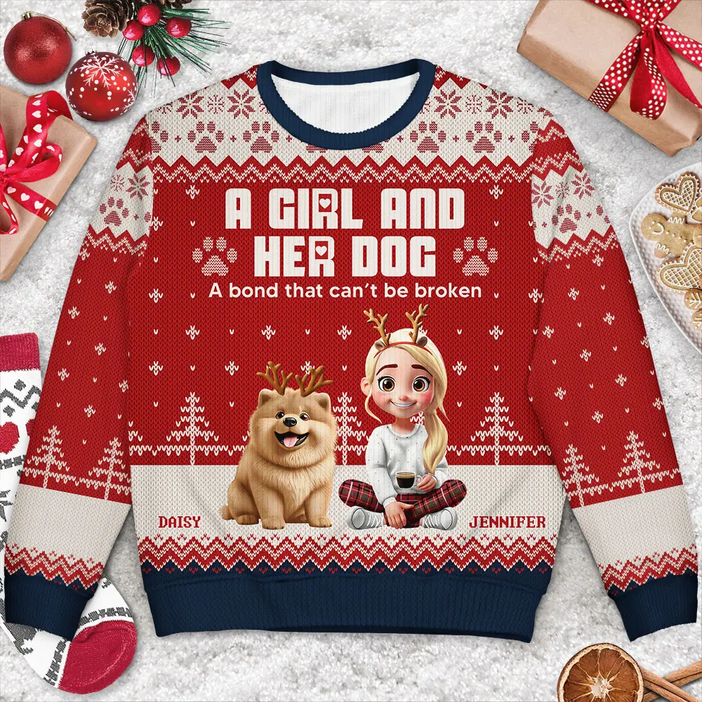 A Girl And Her Dogs - Personalized Unisex Ugly Sweater - Image 3