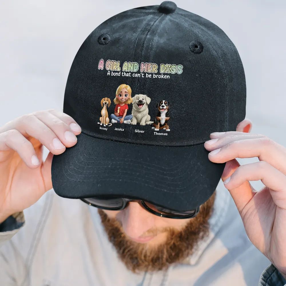 A Girl And Her Dogs - Personalized Vintage Washed Denim Cap - Image 2