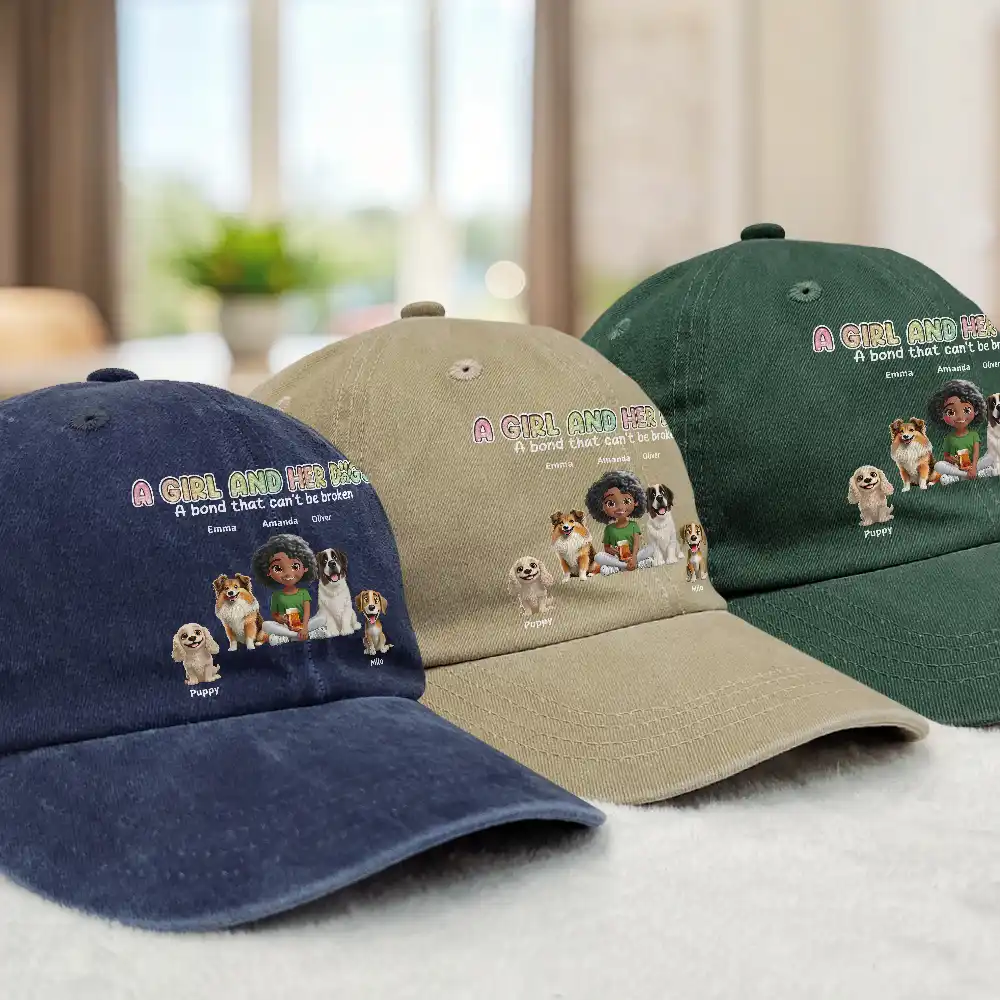 A Girl And Her Dogs - Personalized Vintage Washed Denim Cap - Image 3