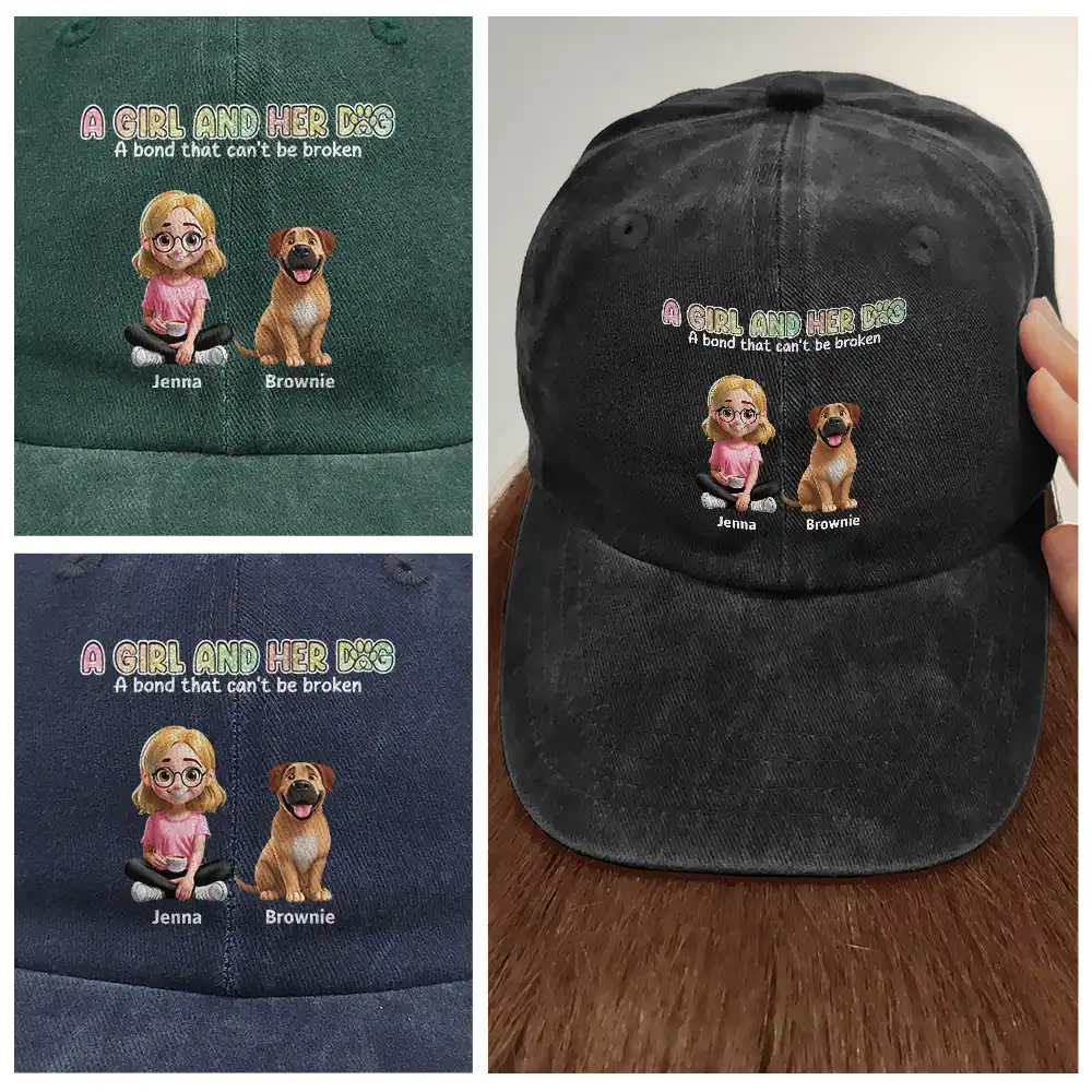 A Girl And Her Dogs - Personalized Vintage Washed Denim Cap - Image 4
