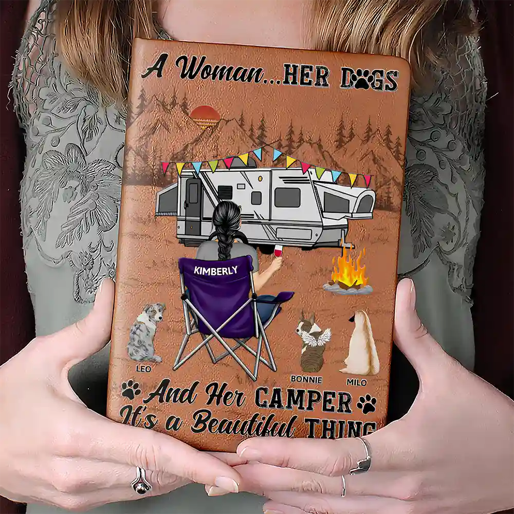 A Girl Her Dogs Camping - Personalized Leather Journal - Image 4
