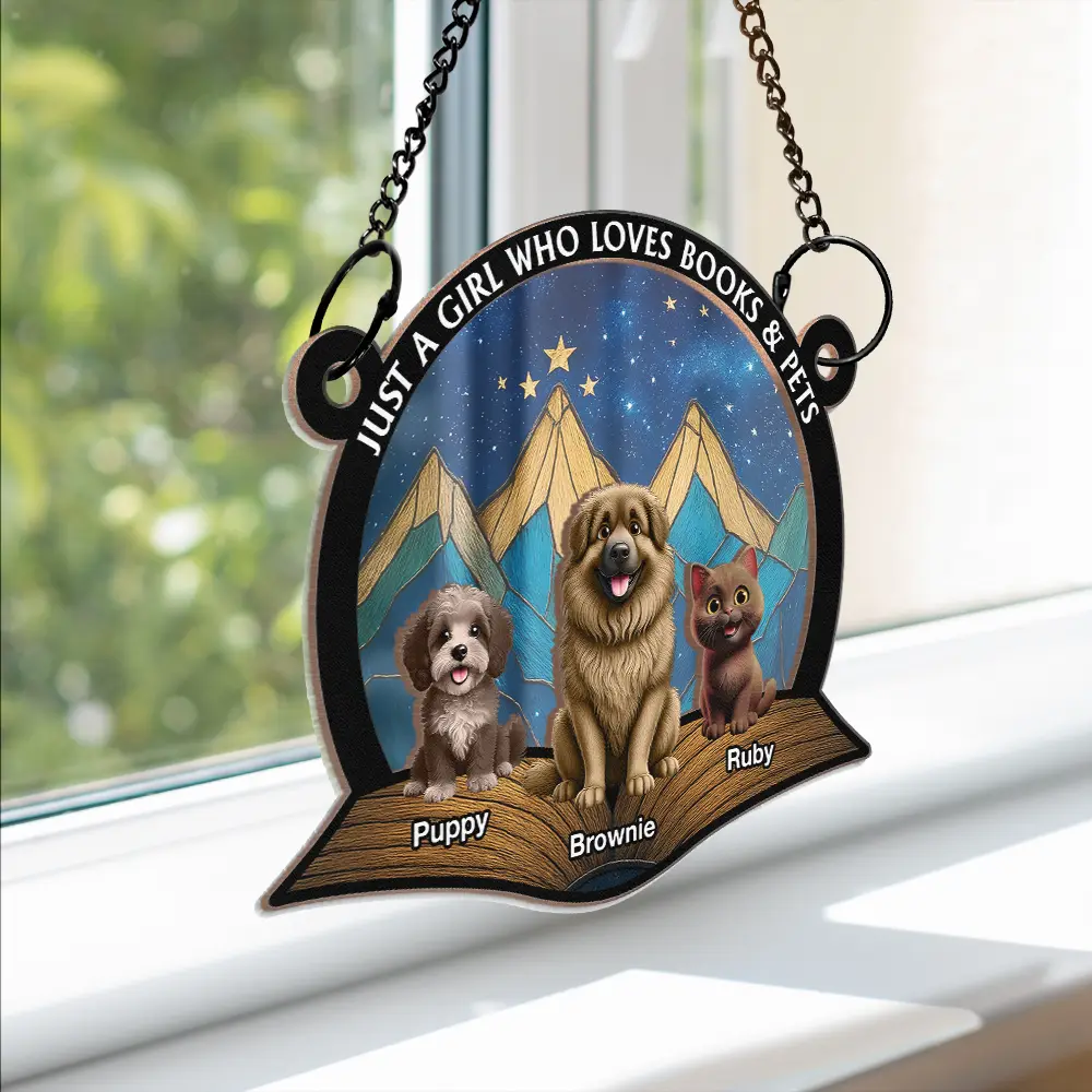 A Girl Who Loves Books & Cats - Personalized Window Hanging Suncatcher Ornament - Image 3