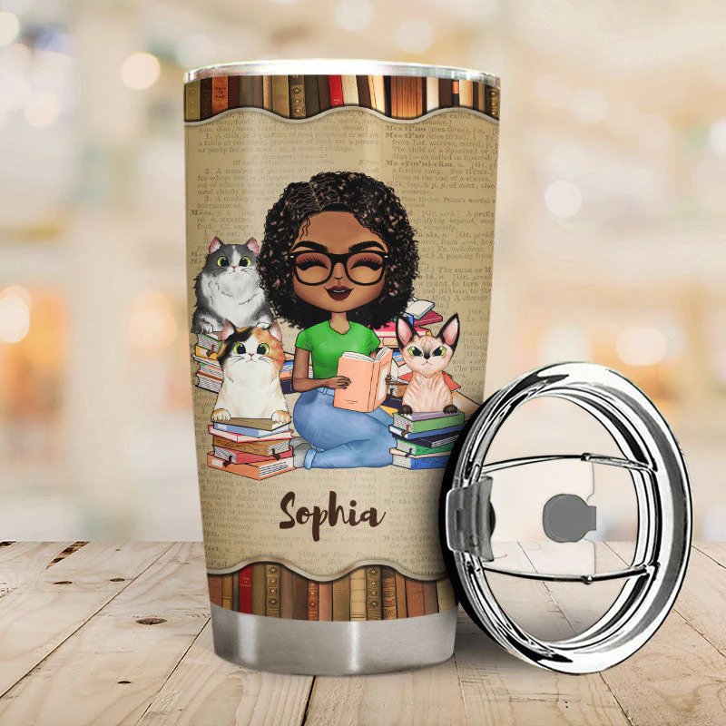 A Girl Who Loves Books & Cats - Reading Gift - Personalized Custom Tumbler - Image 2