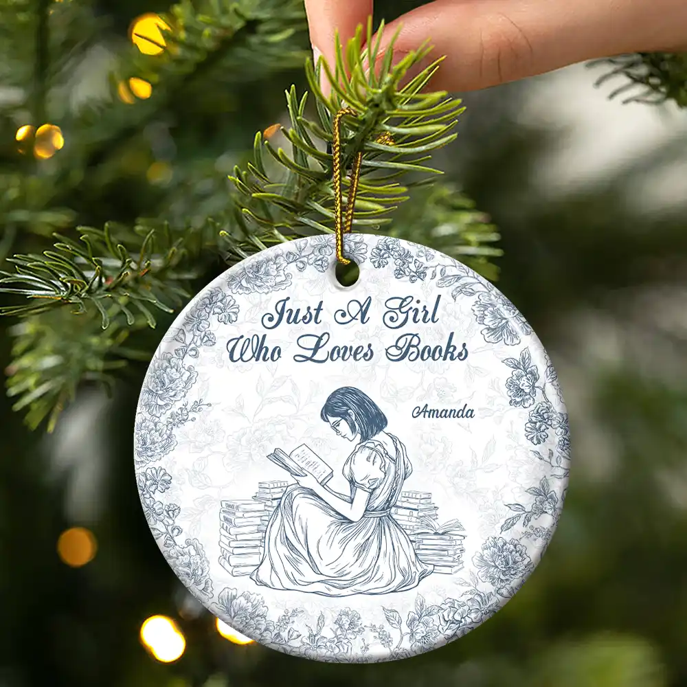 A Girl Who Loves Books Chinoiserie Toile De Jouy - Personalized Circle Ceramic Ornament - Image 3