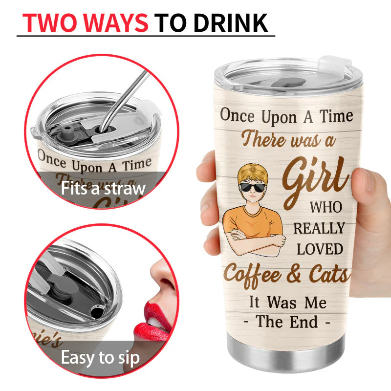 A Girl Who Really Loved Coffee & Cats - Gift For Cat Lovers - Personalized Custom Tumbler - Image 3