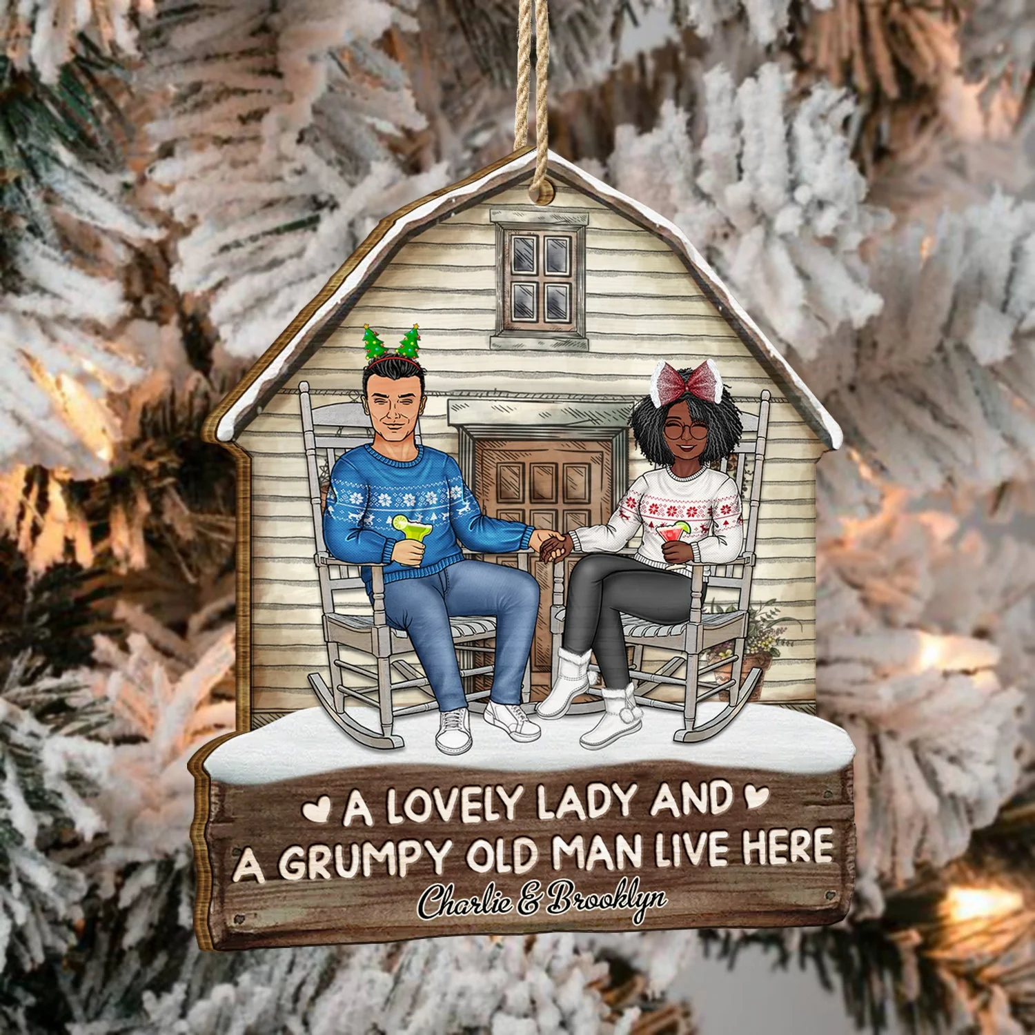 A Lovely Lady And A Grumpy Old Man Live Here - Christmas Gift For Couples - Personalized Custom Shaped Wooden Ornament - Image 4