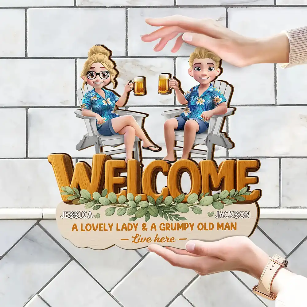 A Lovely Lady And A Grumpy Old Man Live Here - Personalized Custom Shaped Wood Sign - Image 4