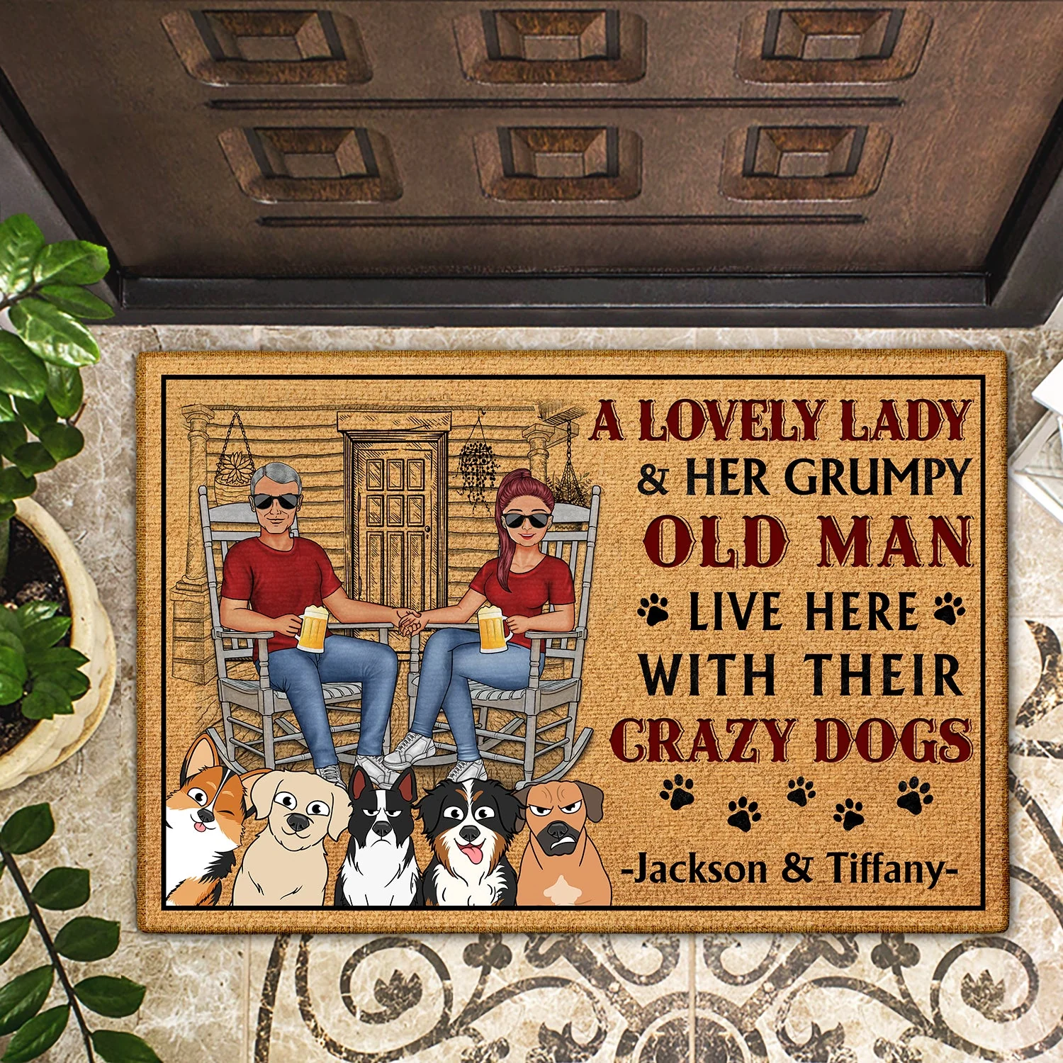 A Lovely Lady And A Grumpy Old Man Live Here With Their Crazy Dogs - Home Decor For Couples, Pet Lovers - Personalized Doormat - Image 2