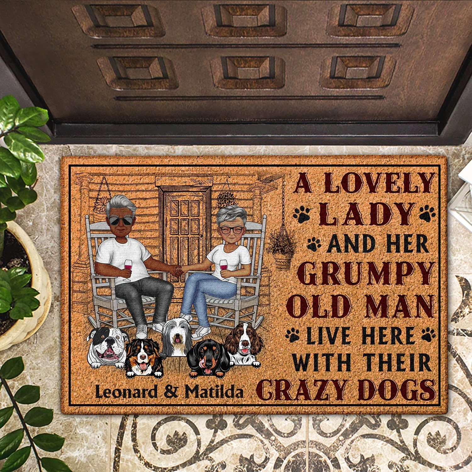 A Lovely Lady And A Grumpy Old Man Live Here With Their Crazy Dogs - Outdoor, Home Decor Gift For Family, Couple, Pet Lovers - Personalized Custom Doormat - Image 2