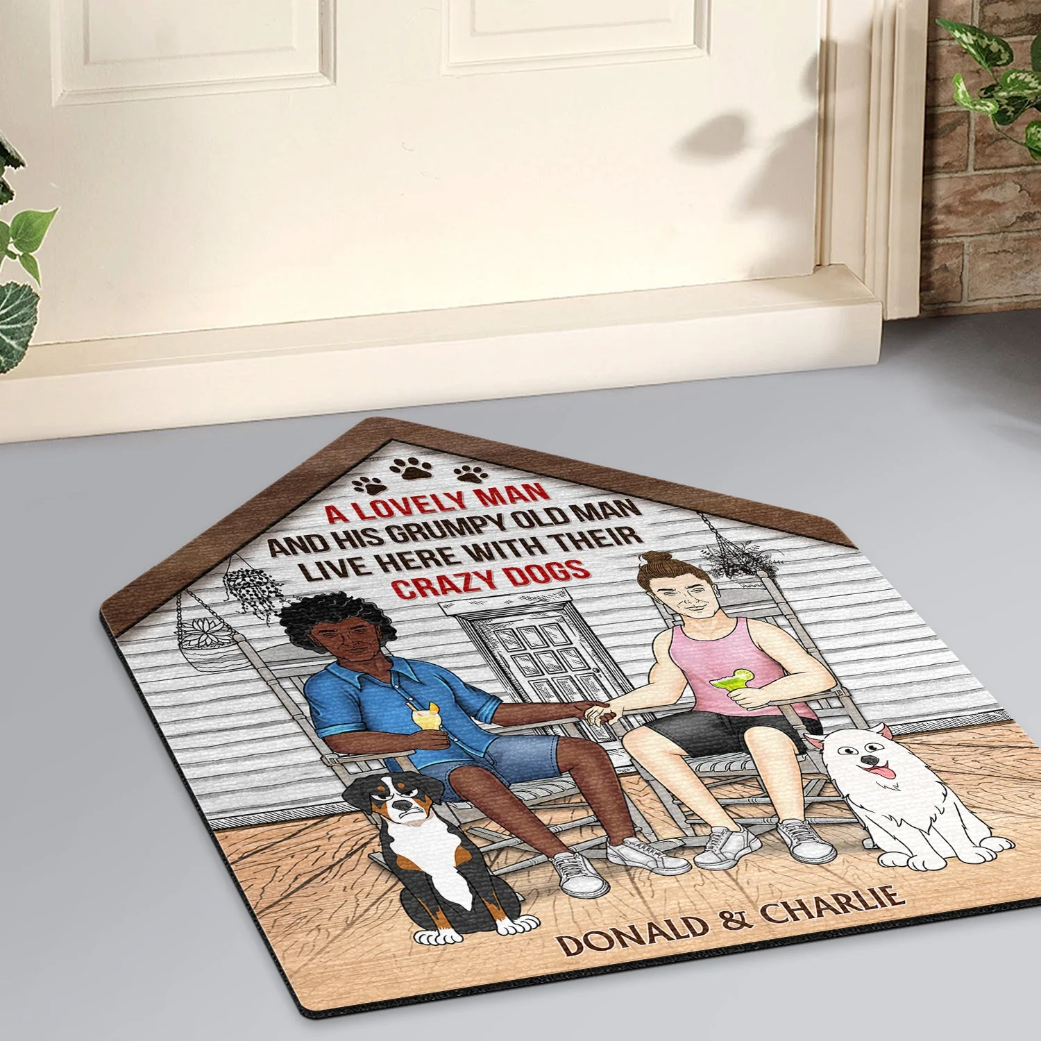 A Lovely Lady And Her Grumpy Old Man Live Here With Their Crazy Dogs - Gift For Couples, Pet Lovers And Family - Personalized Custom Shaped Doormat - Image 2