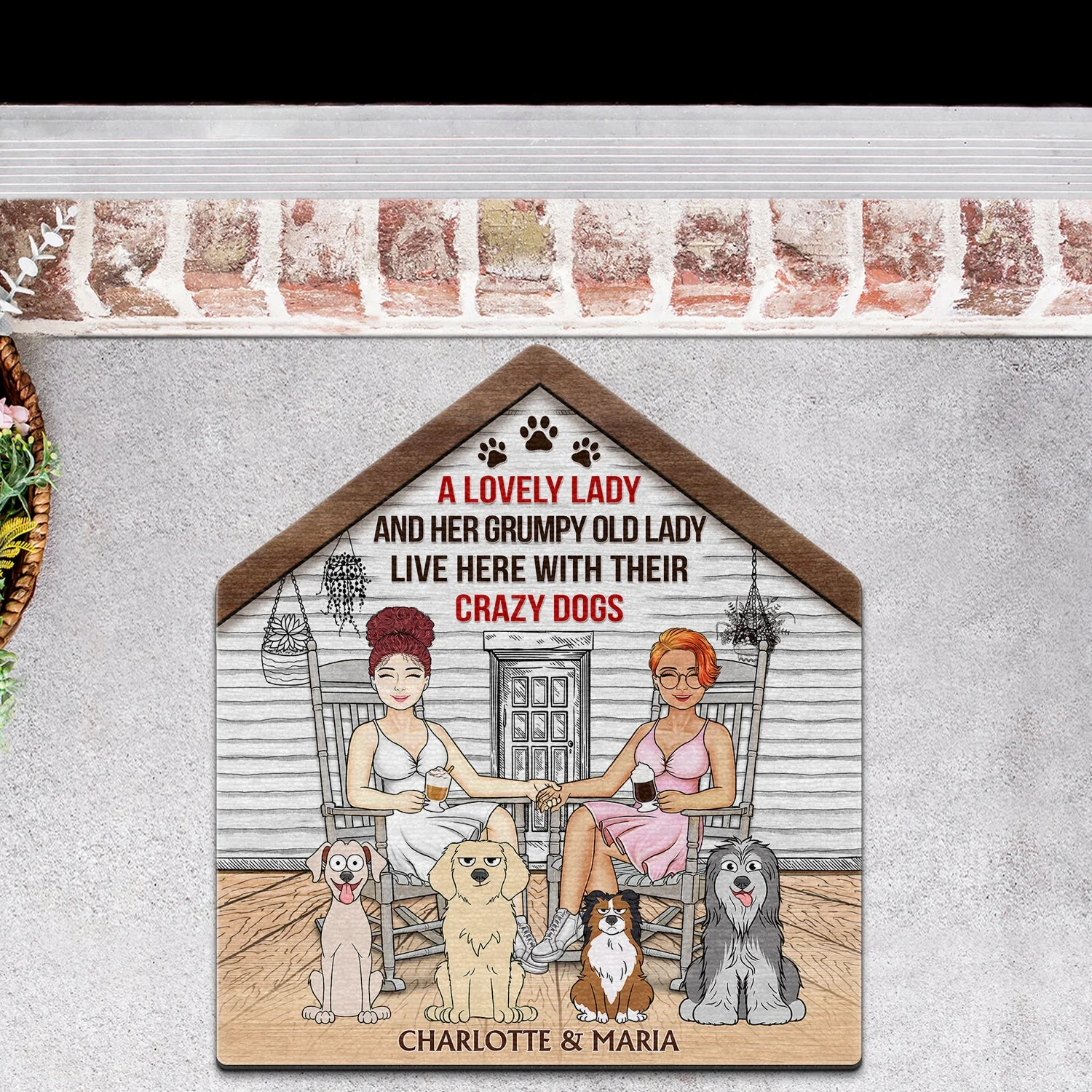 A Lovely Lady And Her Grumpy Old Man Live Here With Their Crazy Dogs - Gift For Couples, Pet Lovers And Family - Personalized Custom Shaped Doormat - Image 3