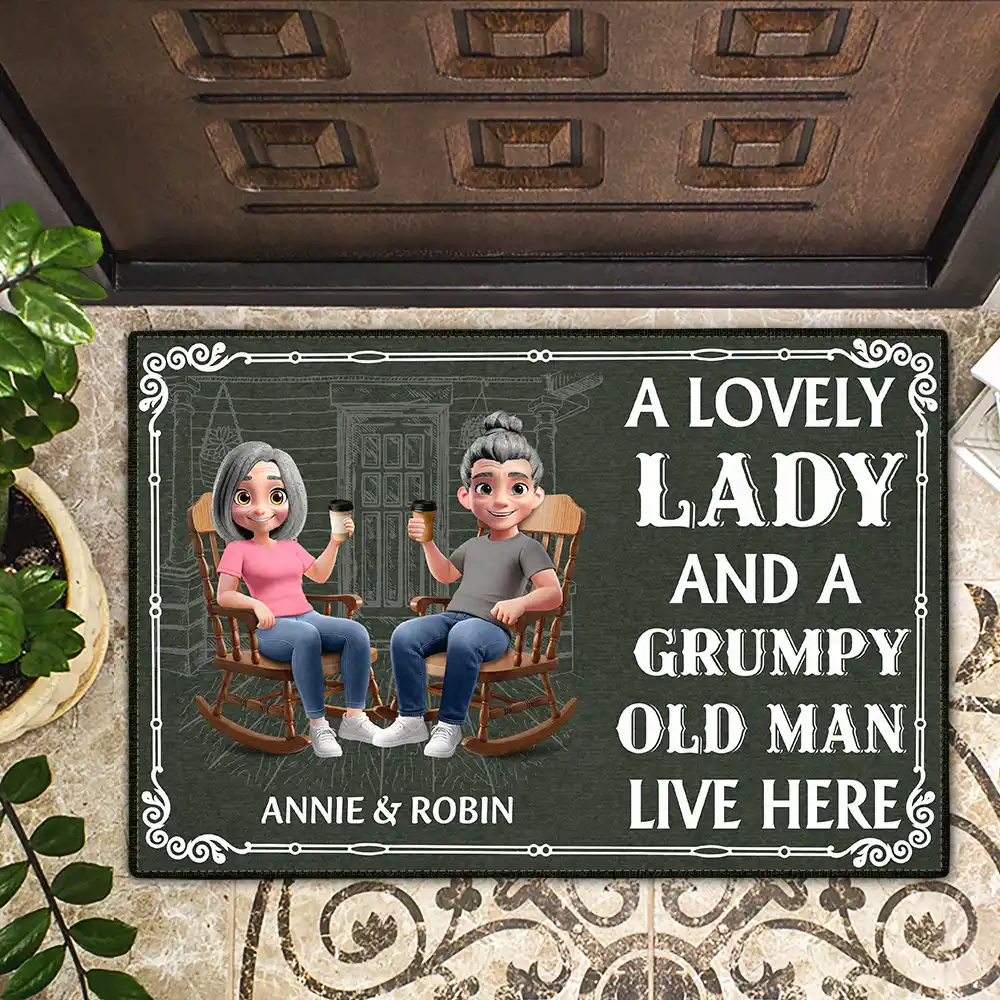 A Lovely Lady & Her Grumpy Old Man Live Here 3D Effect - Personalized Doormat - Image 2
