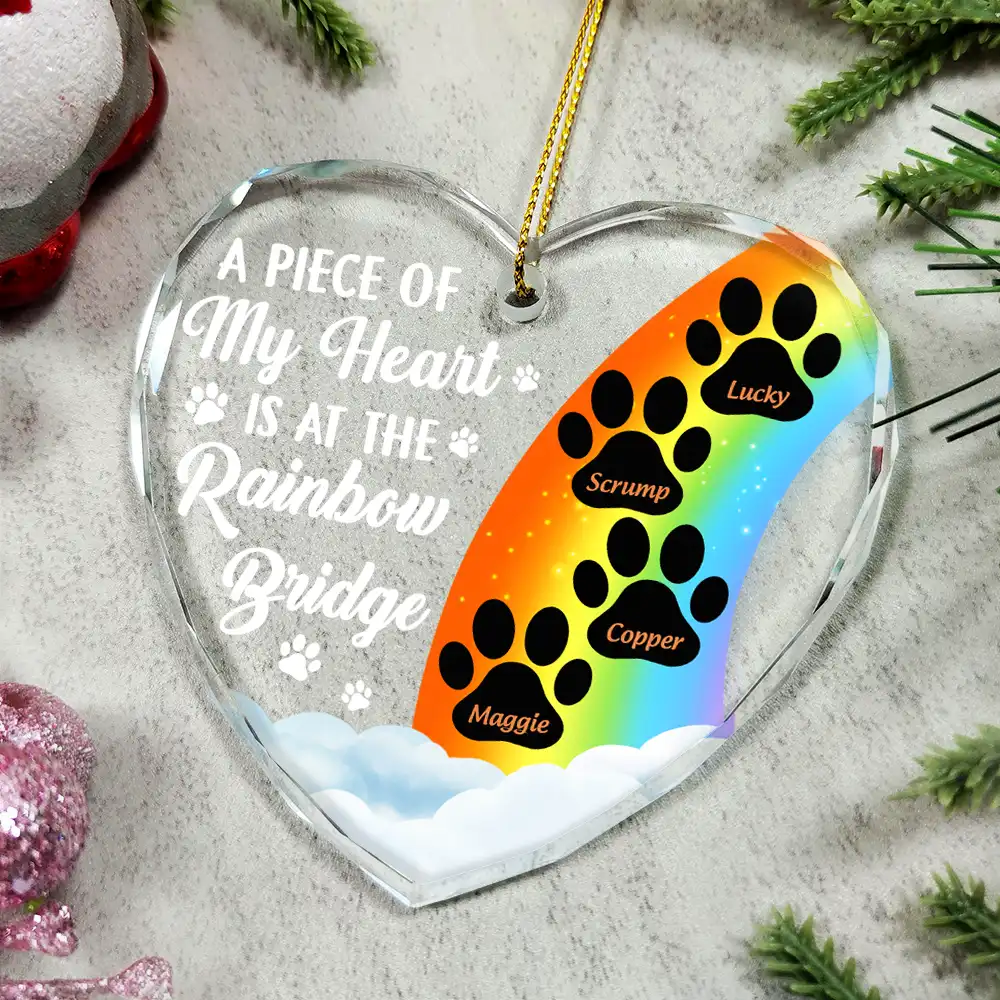 A Piece Of My Heart Is At The Rainbow Bridge Memorial Dog Cat - Personalized Heart Shaped Glass Ornament - Image 4