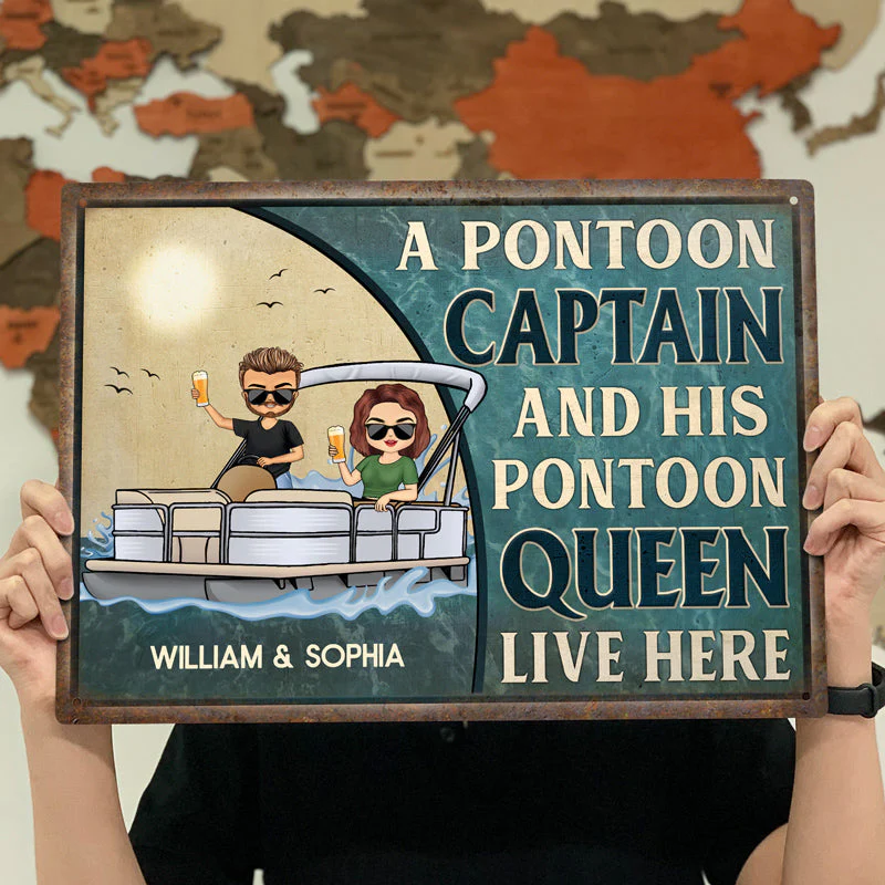 A Pontoon Captain And His Pontoon Queen Live Here Family - Couple Gift - Personalized Custom Classic Metal Signs - Image 4
