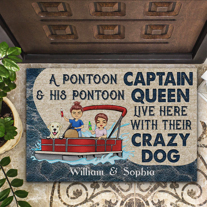 A Pontoon Captain And His Pontoon Queen Live Here With Their Crazy Dogs - Couple Gift - Personalized Custom Doormat - Image 2