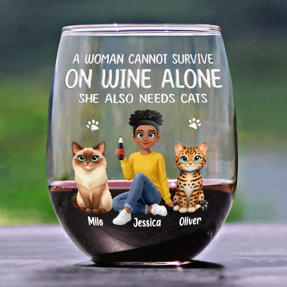 A Woman Cannot Survive On Wine Alone Cat Mom Animate - Personalized Stemless Wine Glass - Image 2