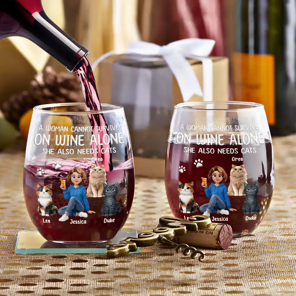 A Woman Cannot Survive On Wine Alone Cat Mom Animate - Personalized Stemless Wine Glass - Image 3