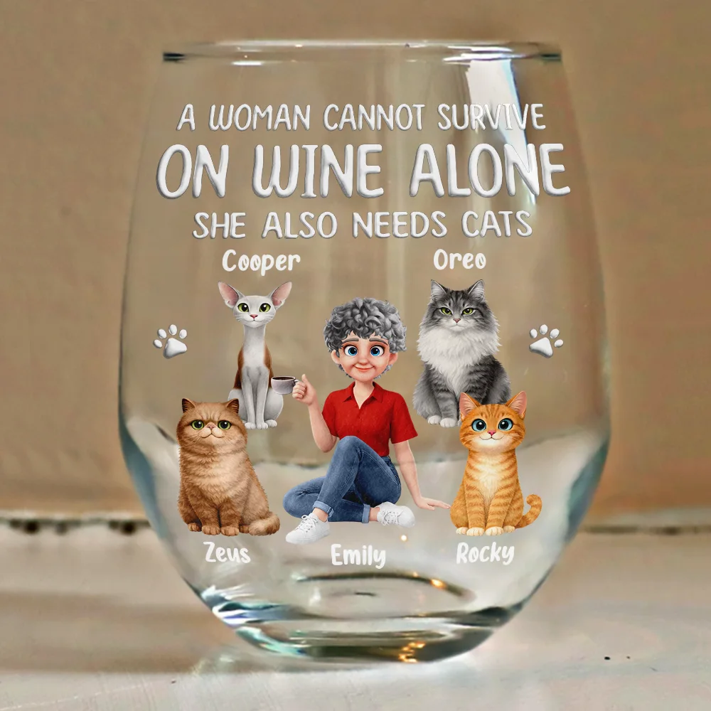 A Woman Cannot Survive On Wine Alone Cat Mom Animate - Personalized Stemless Wine Glass - Image 4