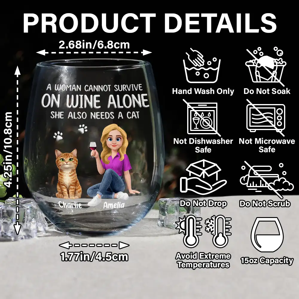 A Woman Cannot Survive On Wine Alone Cat Mom Animate - Personalized Stemless Wine Glass - Image 5