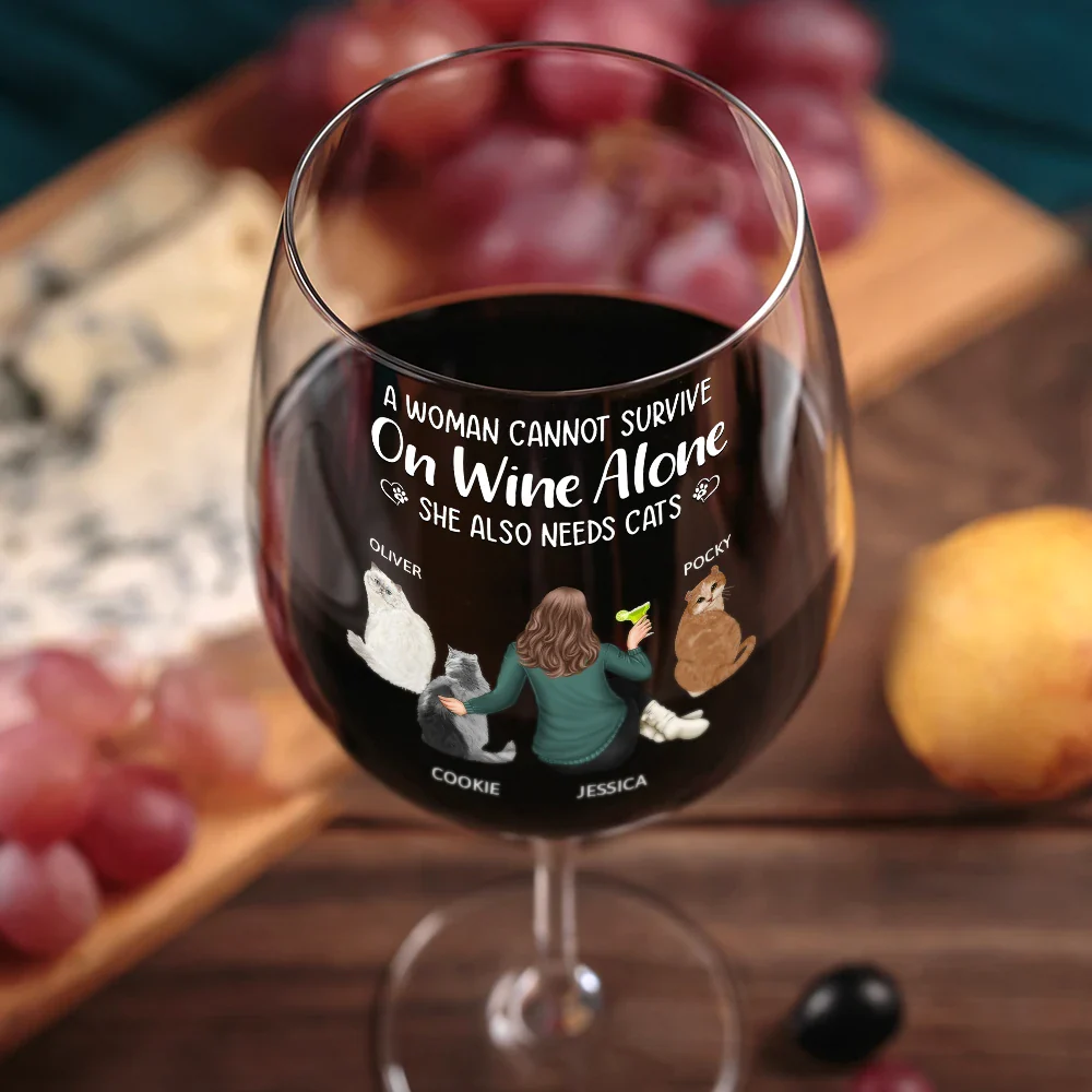 A Woman Cannot Survive On Wine Alone Cat Mom Cat Dad - Personalized Wine Glass - Image 3