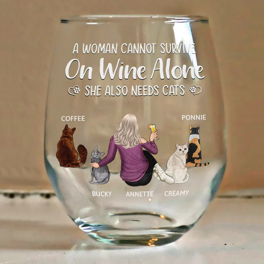 A Woman Cannot Survive On Wine Alone Cat Mom - Personalized Stemless Wine Glass - Image 4