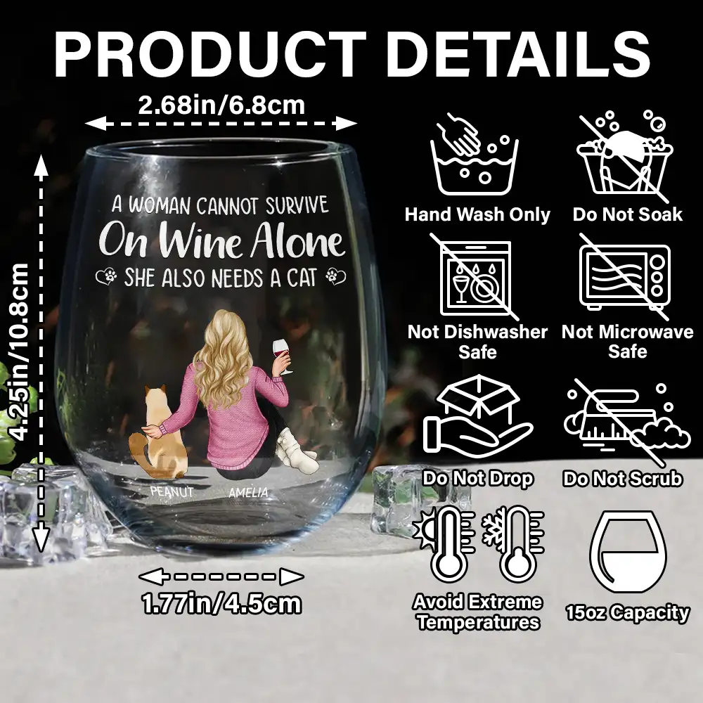 A Woman Cannot Survive On Wine Alone Cat Mom - Personalized Stemless Wine Glass - Image 5