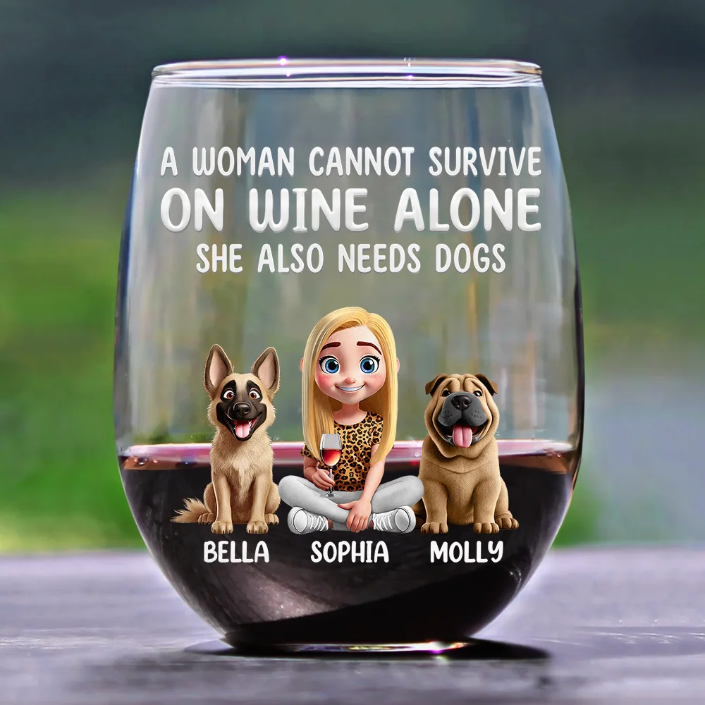 A Woman Cannot Survive On Wine Alone Dog Mom 3D Effect - Personalized Stemless Wine Glass - Image 2
