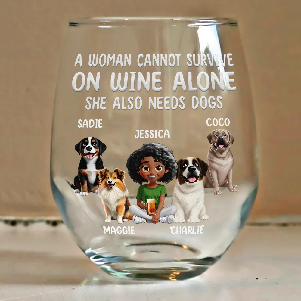A Woman Cannot Survive On Wine Alone Dog Mom 3D Effect - Personalized Stemless Wine Glass - Image 4