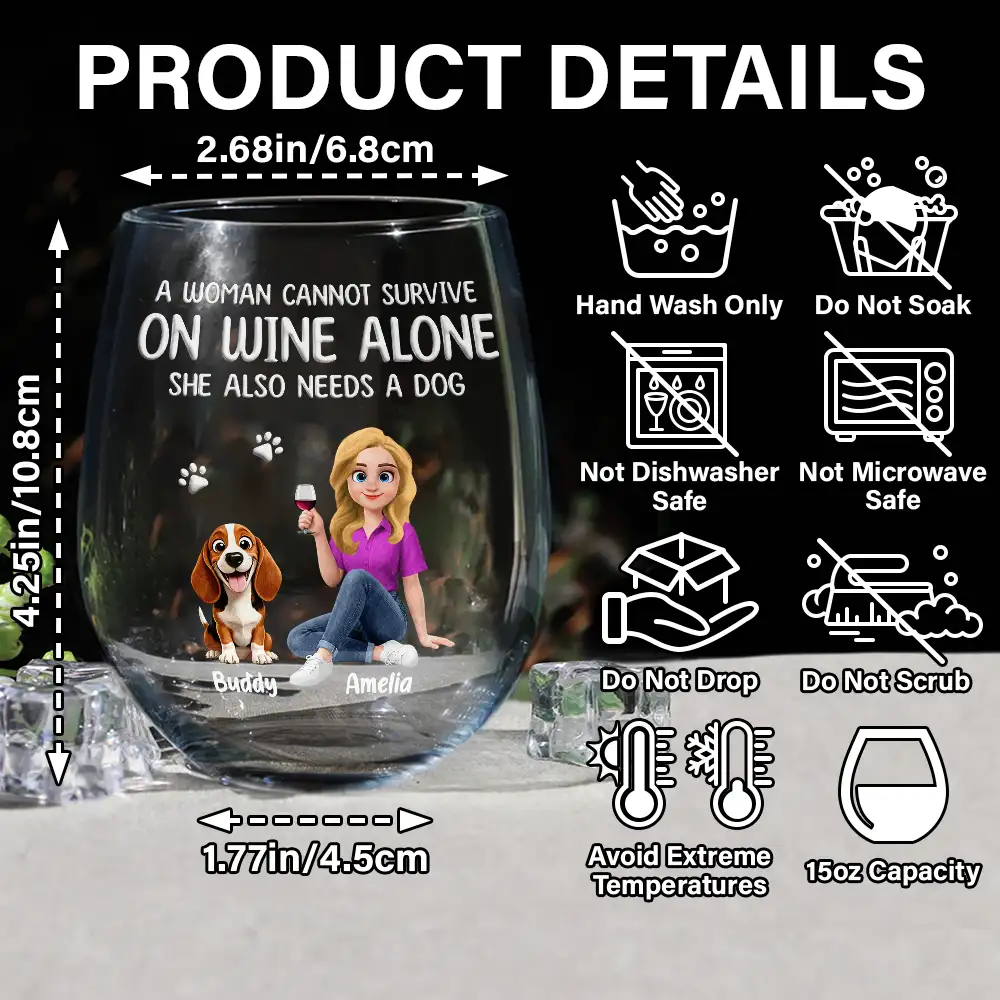 A Woman Cannot Survive On Wine Alone Dog Mom Animate - Personalized Stemless Wine Glass - Image 5