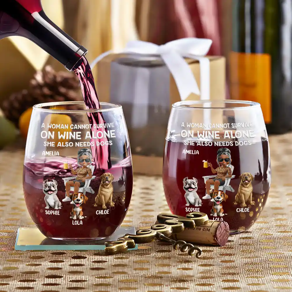A Woman Cannot Survive On Wine Alone Dog Mom Cartoon - Personalized Stemless Wine Glass - Image 3