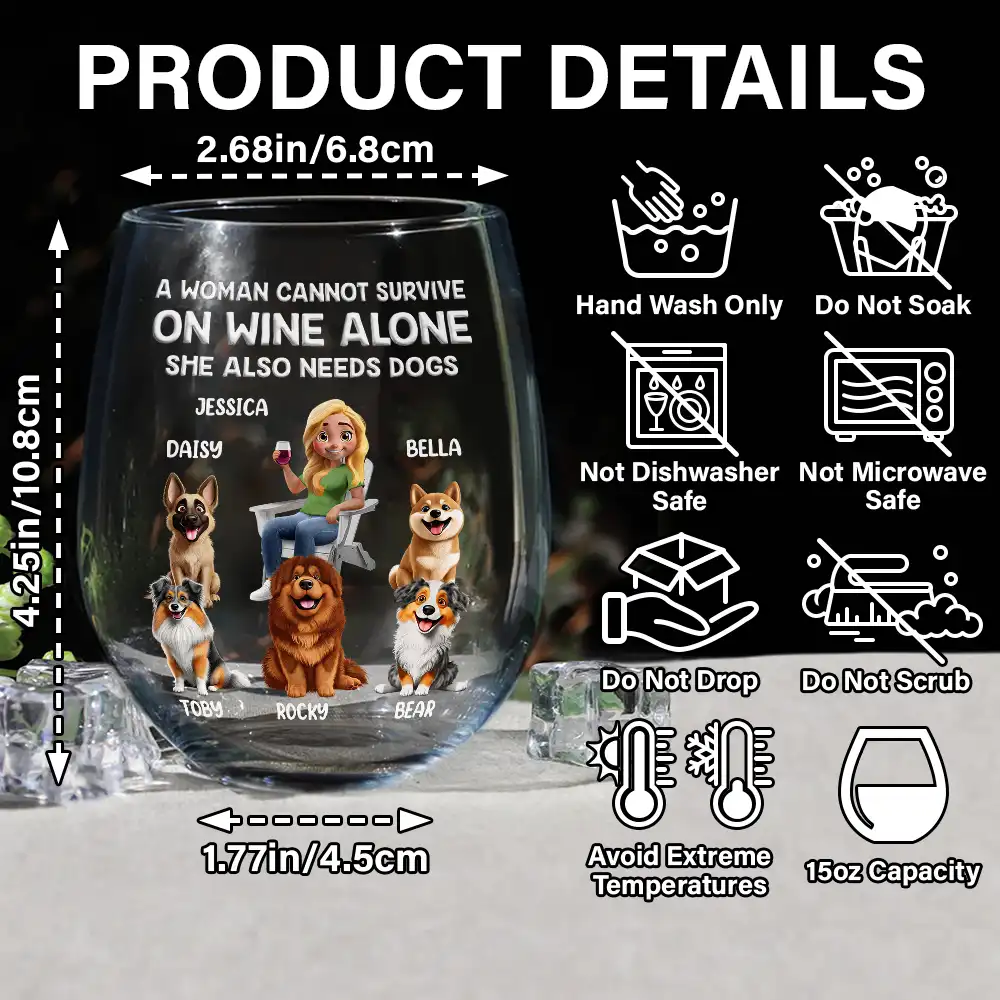 A Woman Cannot Survive On Wine Alone Dog Mom Cartoon - Personalized Stemless Wine Glass - Image 5