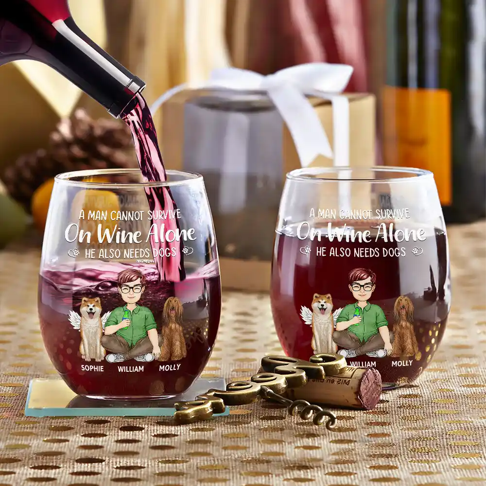 A Woman Cannot Survive On Wine Alone Dog Mom Dog Dad - Personalized Stemless Wine Glass - Image 3