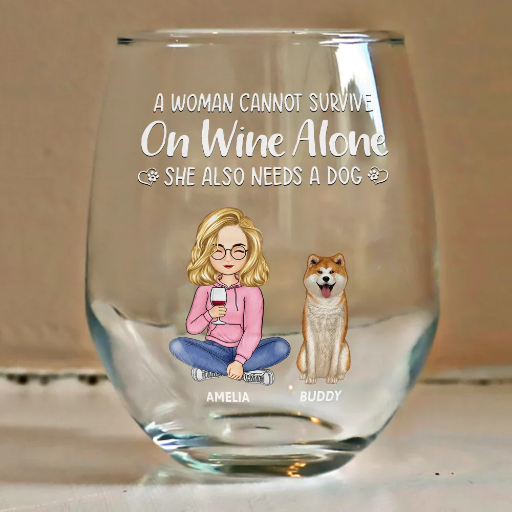 A Woman Cannot Survive On Wine Alone Dog Mom Dog Dad - Personalized Stemless Wine Glass - Image 4