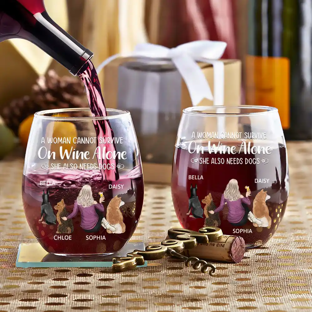 A Woman Cannot Survive On Wine Alone Dog Mom - Personalized Stemless Wine Glass - Image 3